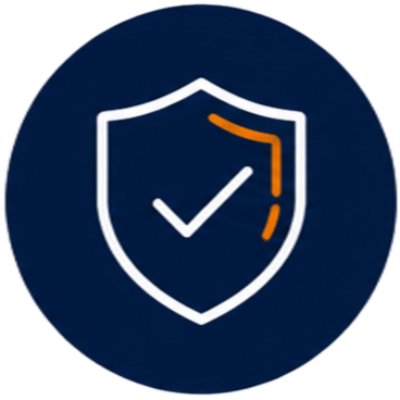 Security shield icon with a checkmark and orange detail on dark blue background.