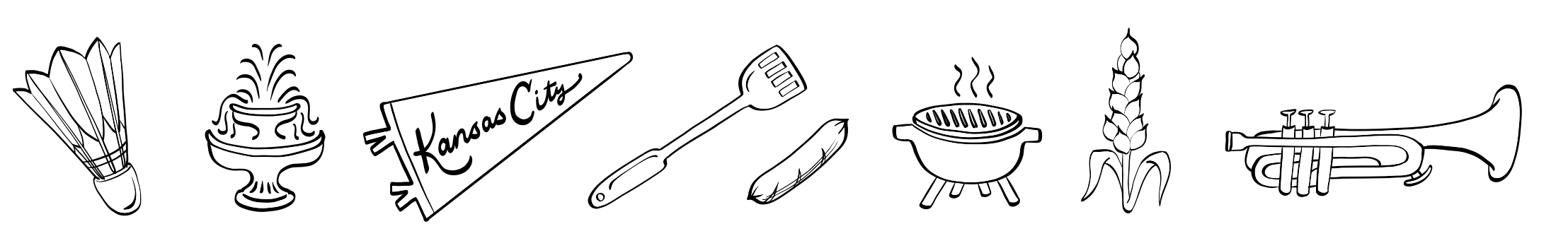 Illustrations of Kansas City-themed images: shuttlecock, fountains, kansas city flag, hot dog, grill, wheat, and jazz music