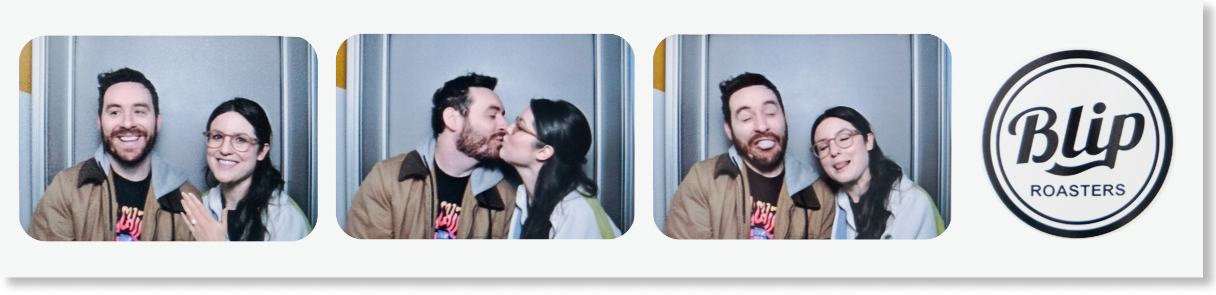 Photo strip of Savanah Romero and Tyler Bean with a logo for Blip Roasters coffee shop.