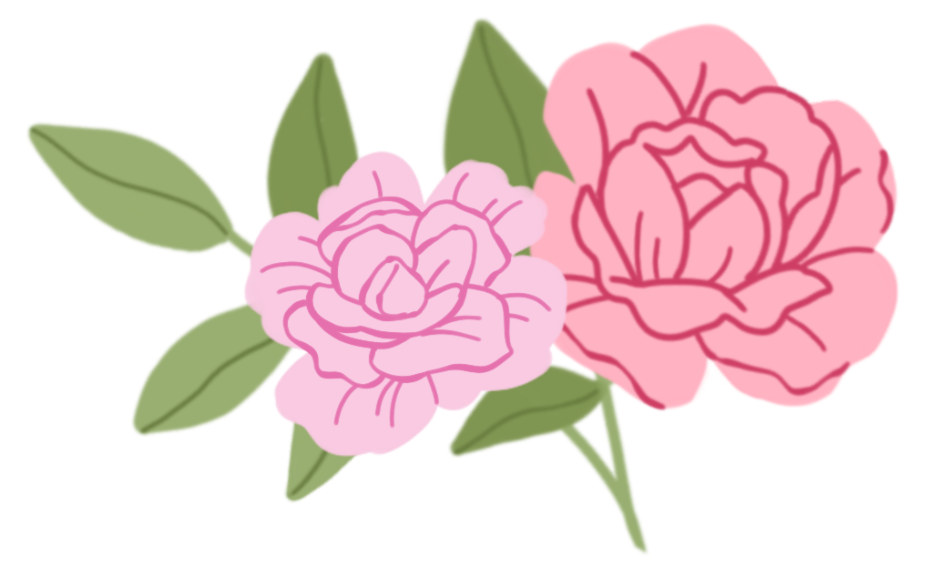 Illustration of two pink flowers with green leaves.