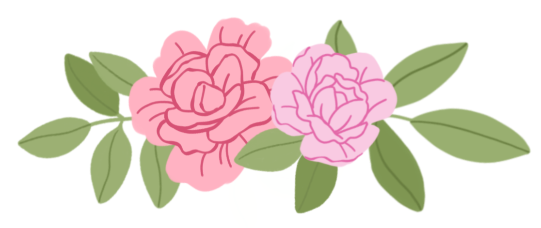 Drawing of two pink and light pink roses with green leaves.