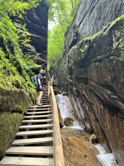 Person hiking along a wooden staircase next to a narrow stream between moss-covered rocks in a forest.