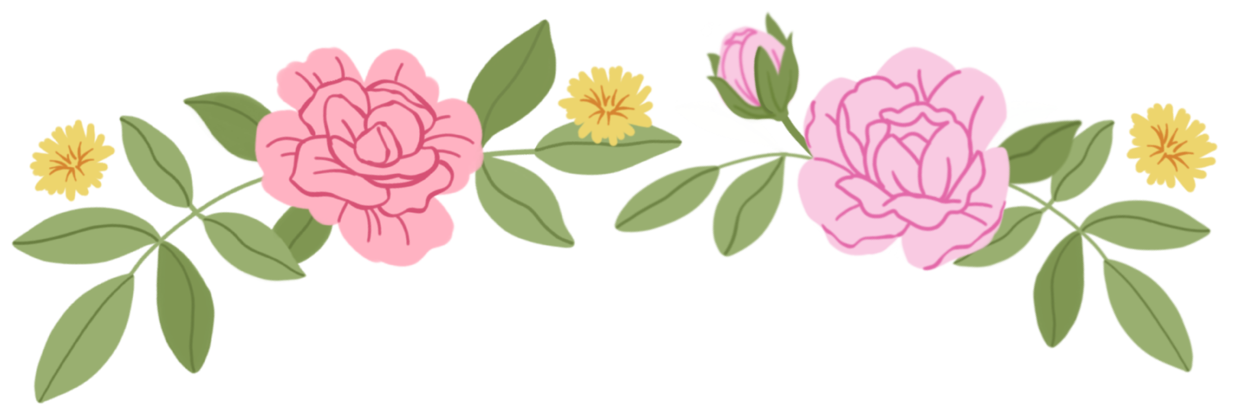 Decorative illustration of pink roses and yellow flowers with green leaves.