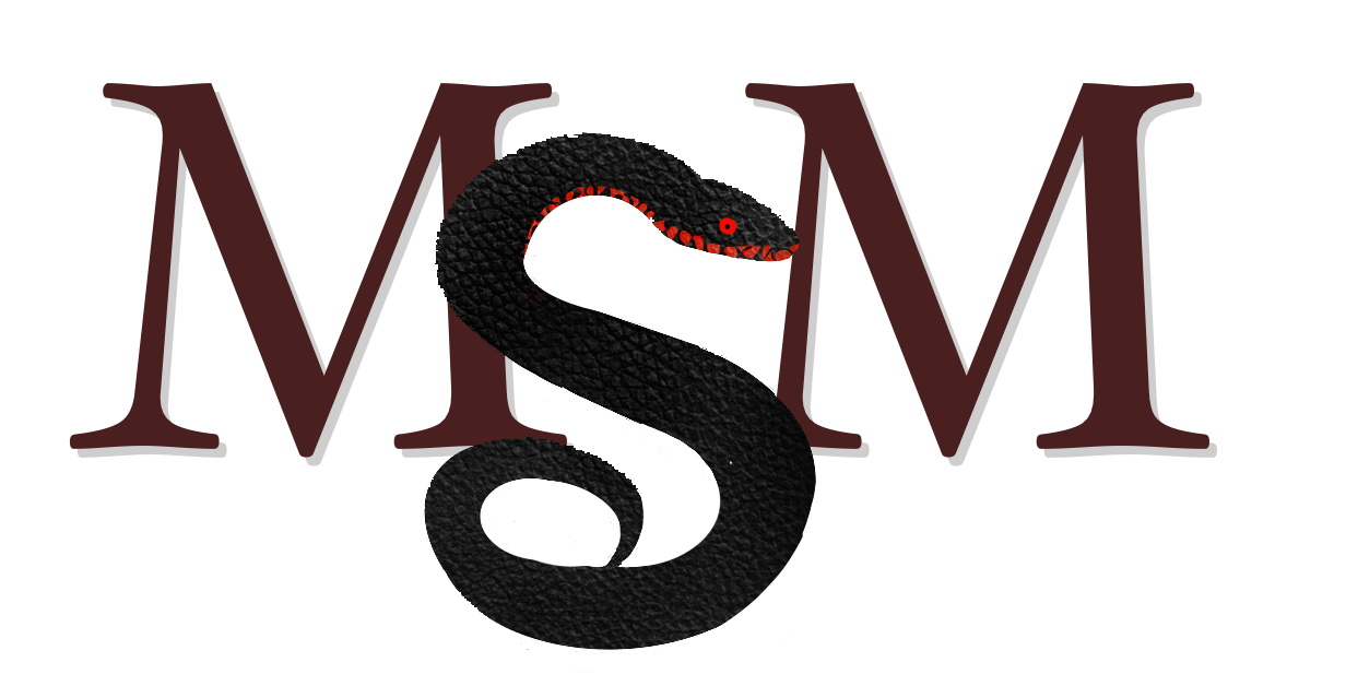 Logo MSM with a textured black snake forming the letter 'S' in the center. acronym for the magazine name - Mud Snake Magazine