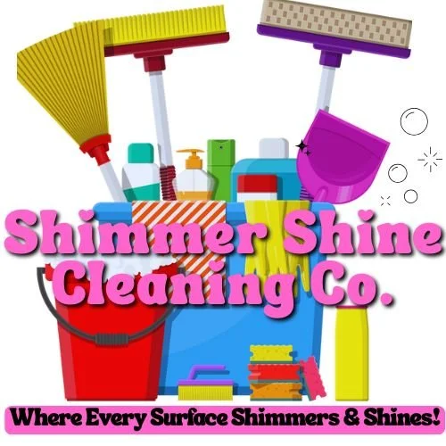 A colorful illustration of cleaning supplies, including mops, bottles, brushes, and a sponge, with the text 'Shimmer Shine Cleaning Co.' and the slogan 'Where Every Surface Shimmers & Shines!'