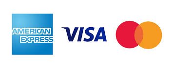Logos of American Express, Visa, and Mastercard credit cards.