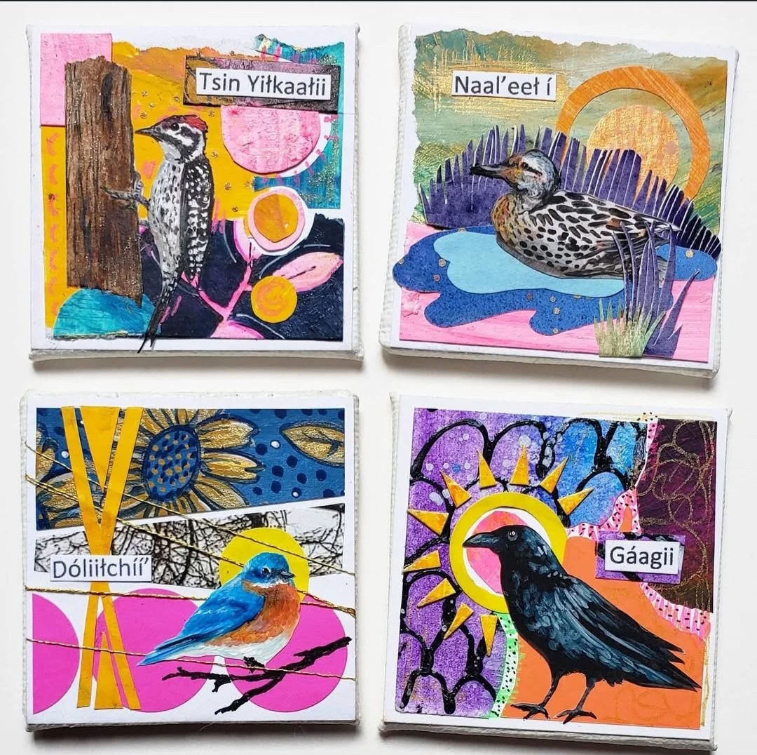 A set of bird themed mini-collages with hand painted birds and their Navajo names. Each hand painted birds measured less than two-inches by two-inches. This set and similar sets were sold.