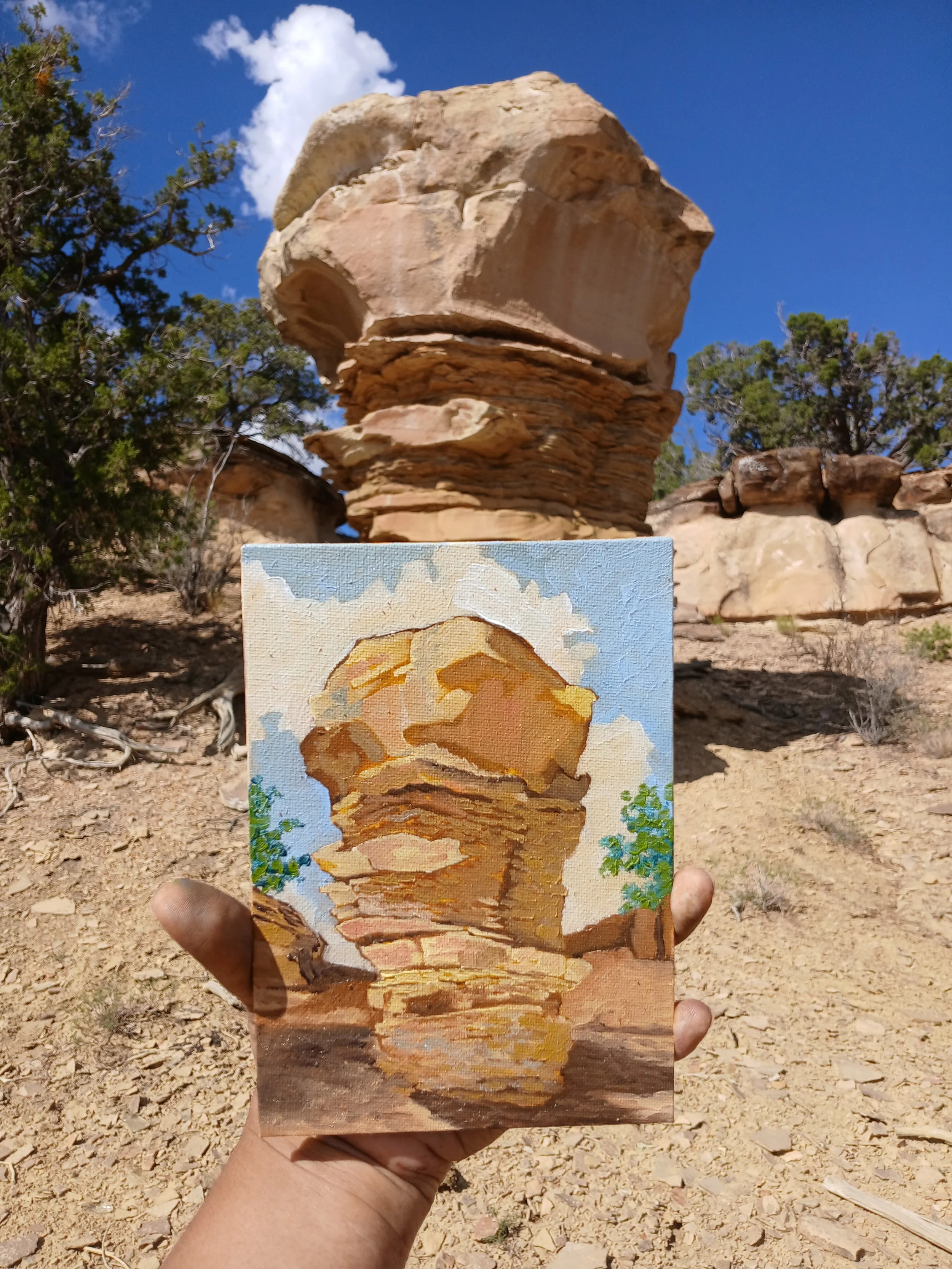 Oil en plein air somewhere on the Ramah-Navajo Reservation in New Mexico, titled "Ice Cream Rock" sold during the Dineh Bikeyah Painter's Group Show in Scottsdale, Arizona at the Scottsdale School for Artists.