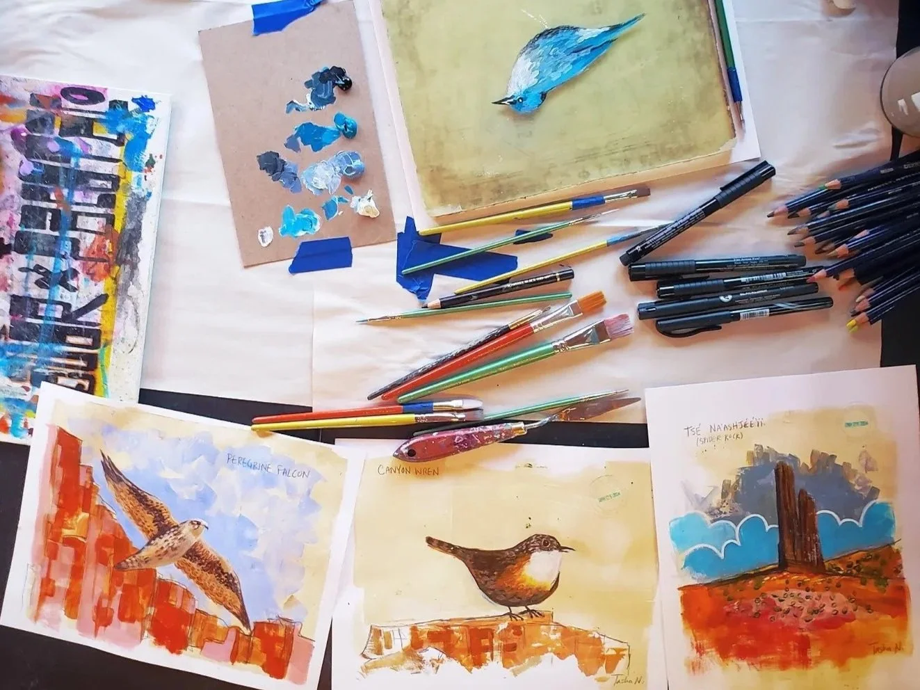 A quick table shot of a gel monotype workshop I hosted during a four-day demonstration at the Canyon de Chelly Visitor Center in Chinle, Arizona in 2024.