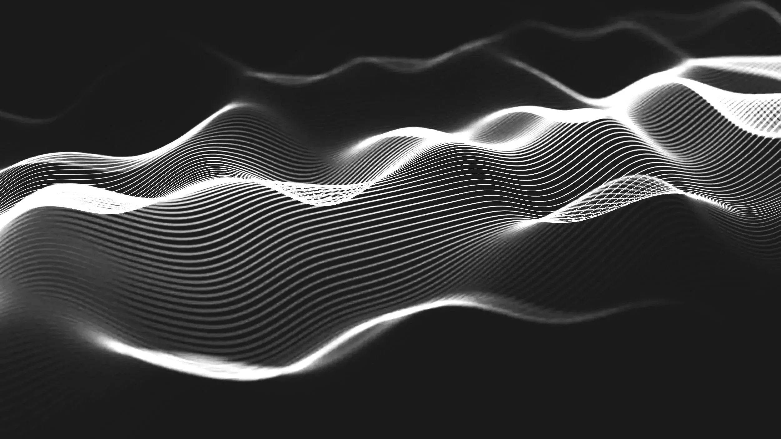 Abstract black and white digital wave pattern with flowing lines.