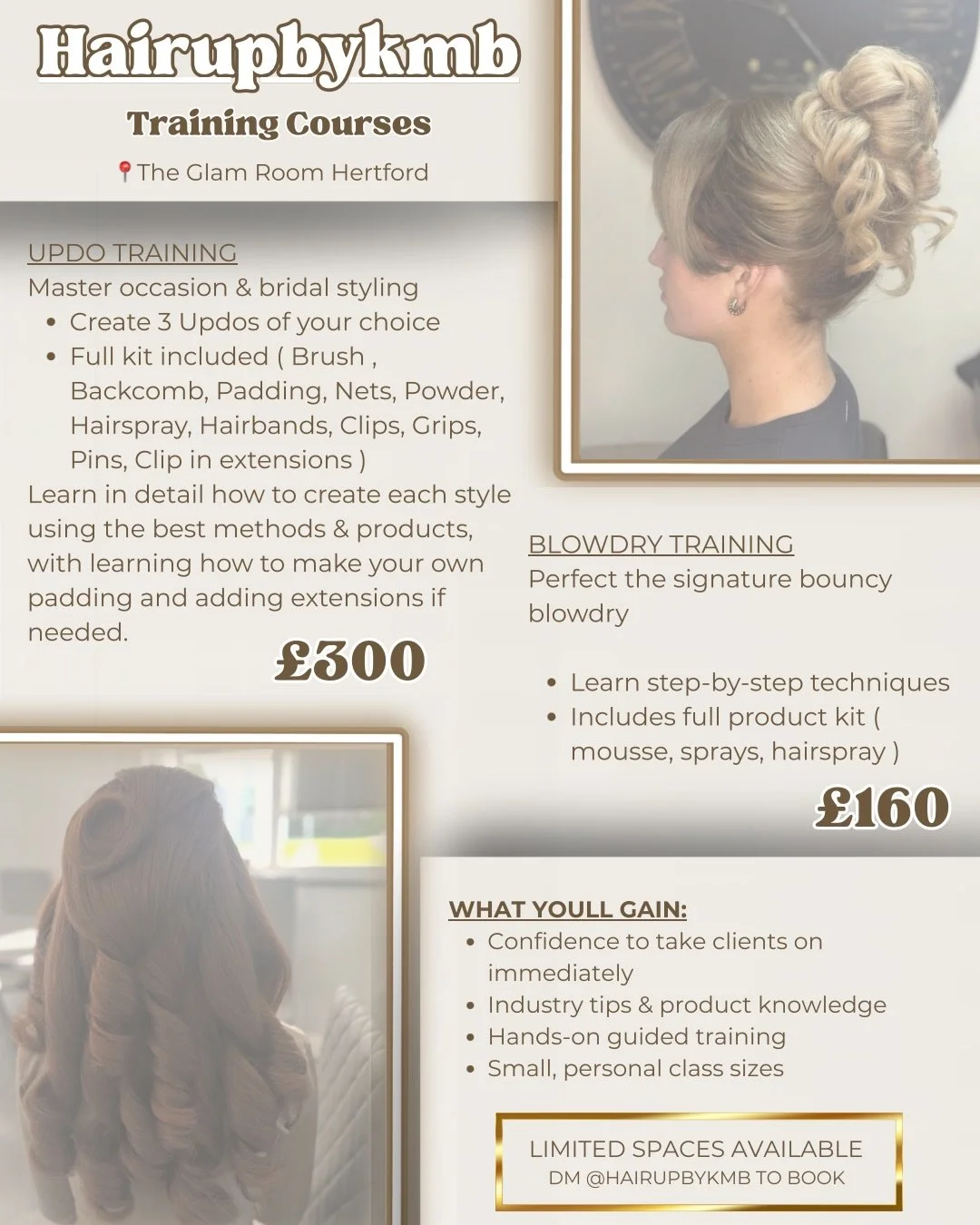 ✨ EXCITING NEWS ✨

We&rsquo;re so excited to announce that @hairupbykmb will now be offering training courses at The Glam Room 🤍

Whether you&rsquo;re looking to perfect your bouncy blowdries or level up your bridal &amp; occasion styling, these cou