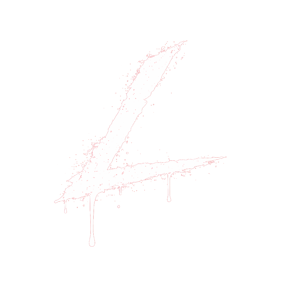A white letter 'L' with red paint splatters and drips on a black background.