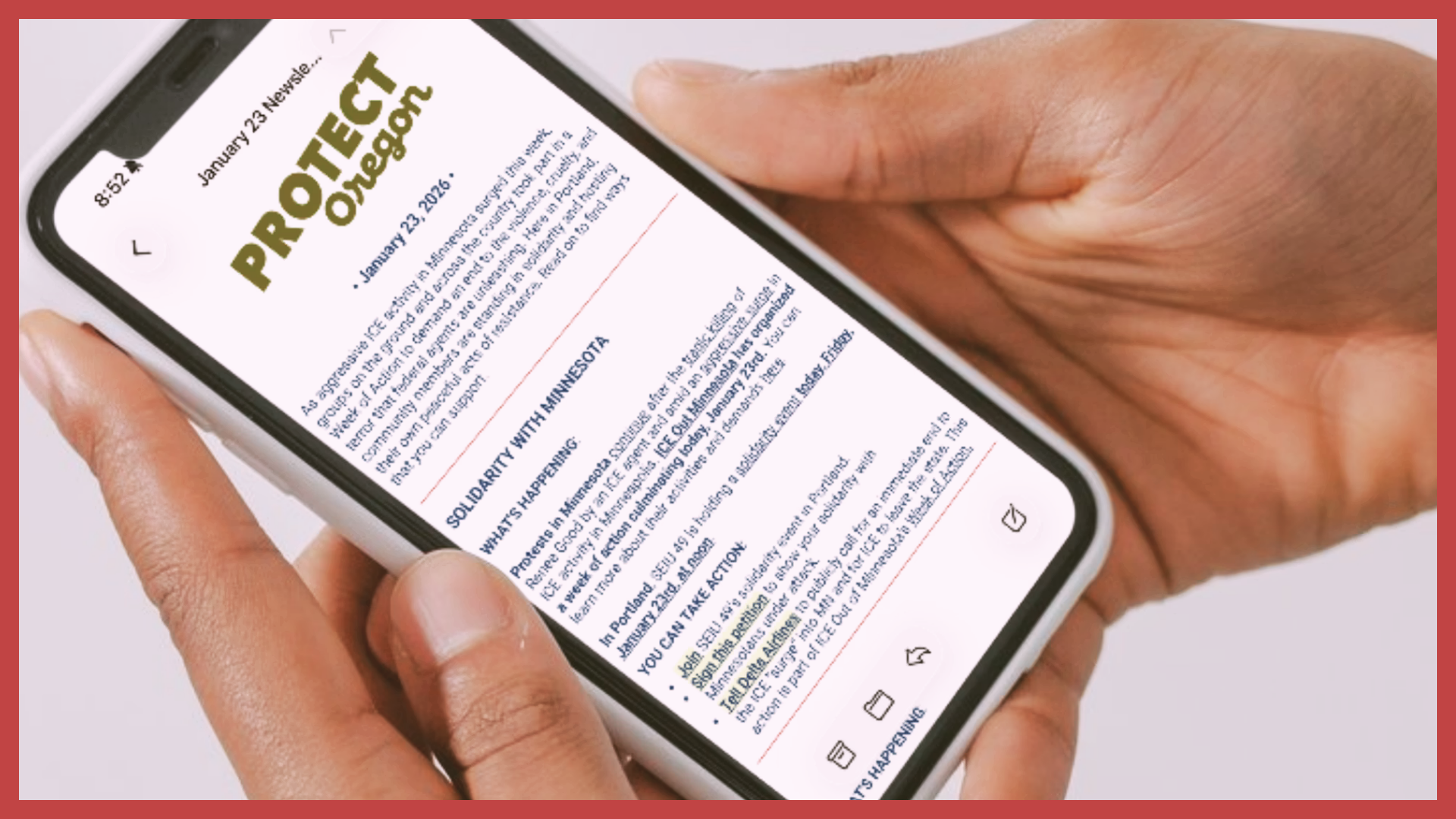 Smartphone displaying the Protect Oregon newsletter