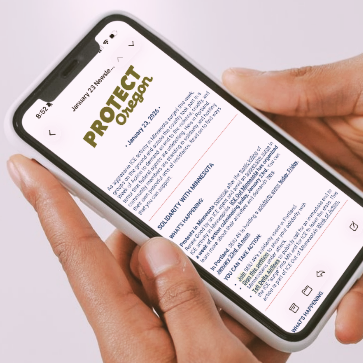 Person holding a smartphone displaying a Protect Oregon newsletter
