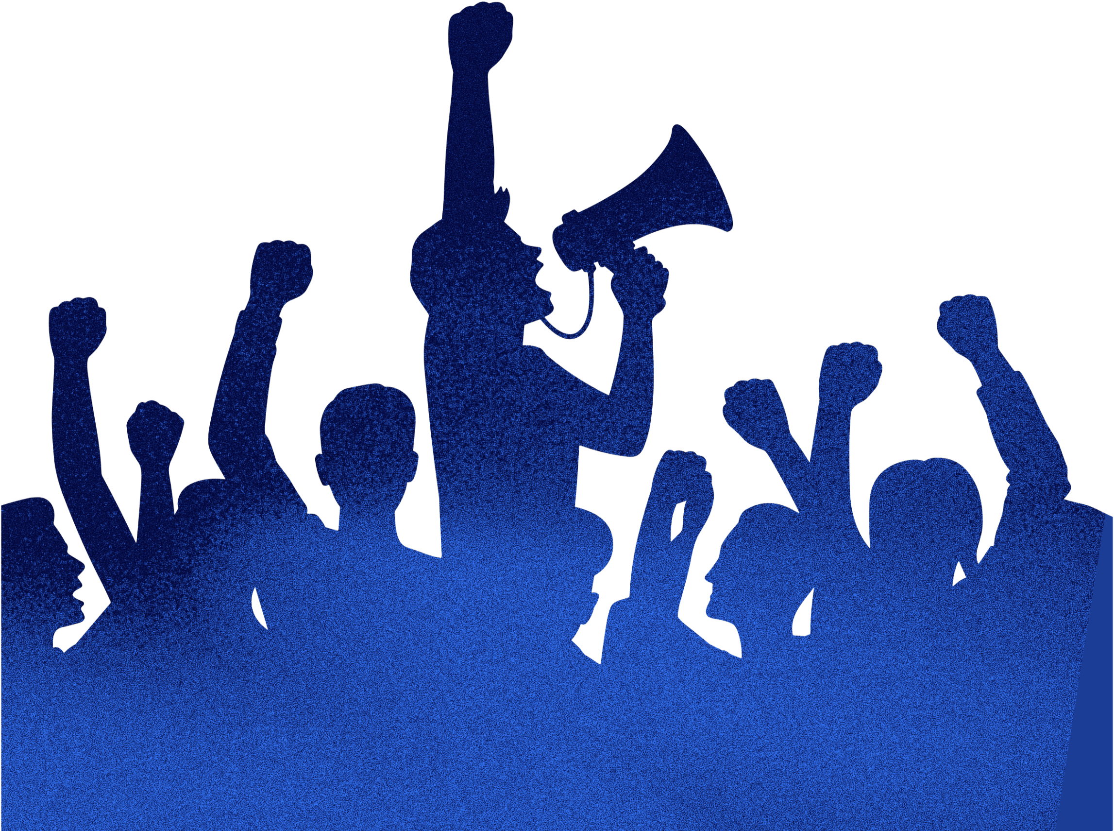 Blue, glittery silhouette of a person with raised hands and a crown, standing among other similar figures.
