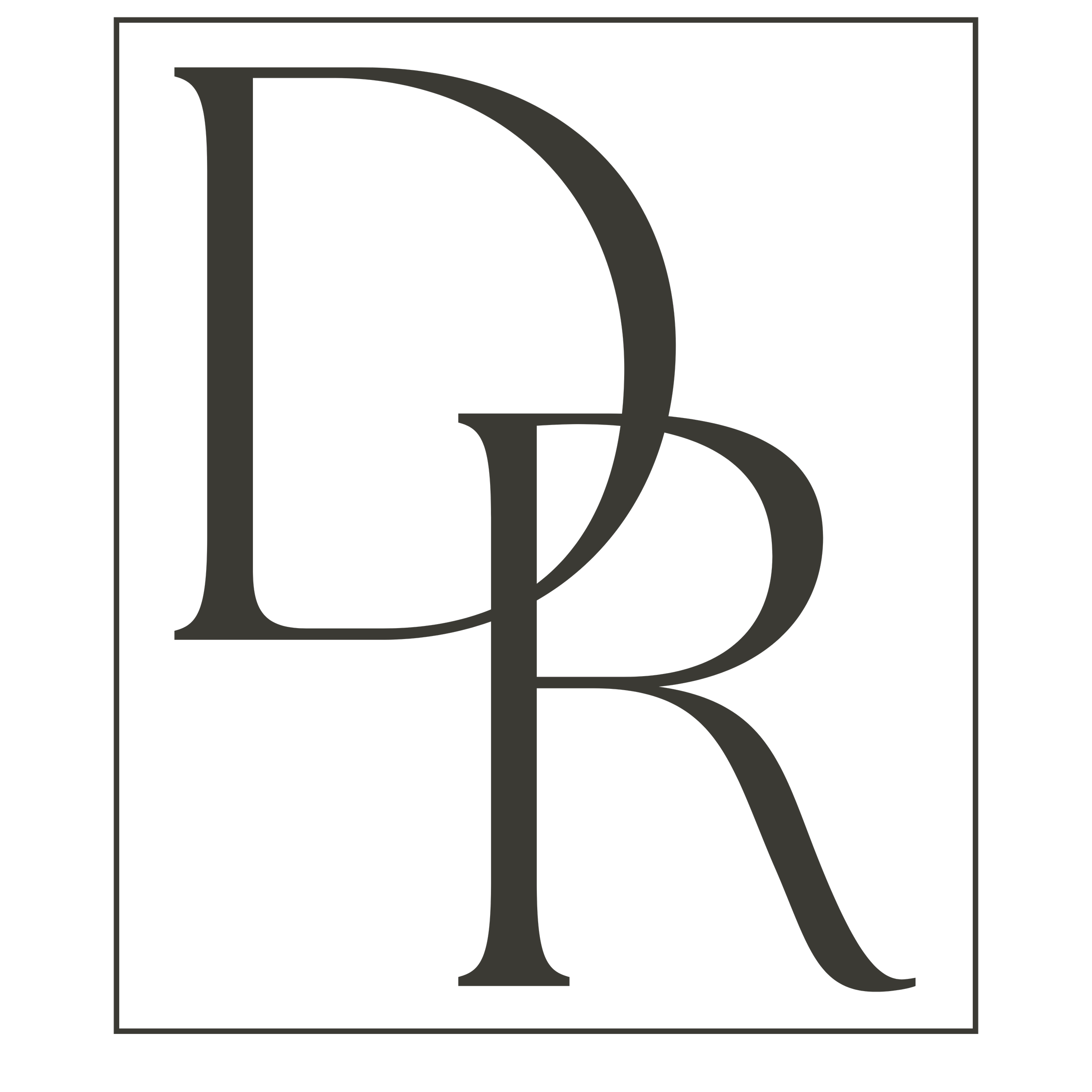 A black square background featuring large, overlapping gray serif initials 'L' and 'R' in the center, with a thin gray border around the edge.