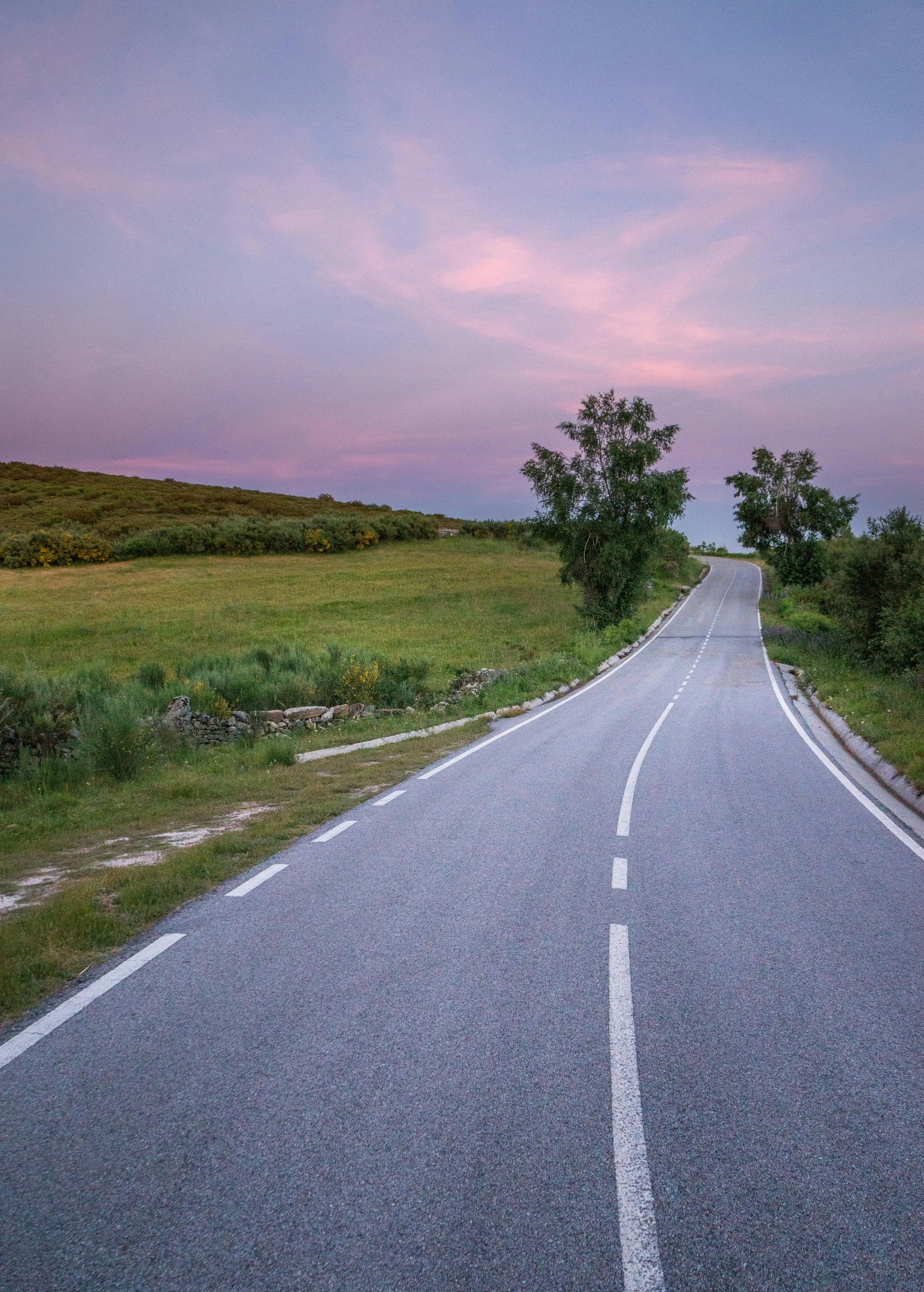 A rural road winding through green fields and trees under a sky with pink and purple clouds at sunset.