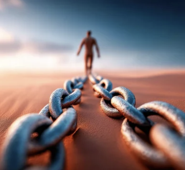 A person walking on a sandy beach holding a metal chain that extends towards the horizon.