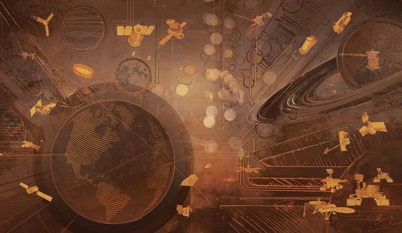 A digital illustration of space exploration, showing various satellites, spacecraft, and scientific equipment orbiting Earth, with a cosmic background and interconnected lines representing communication and data transfer.