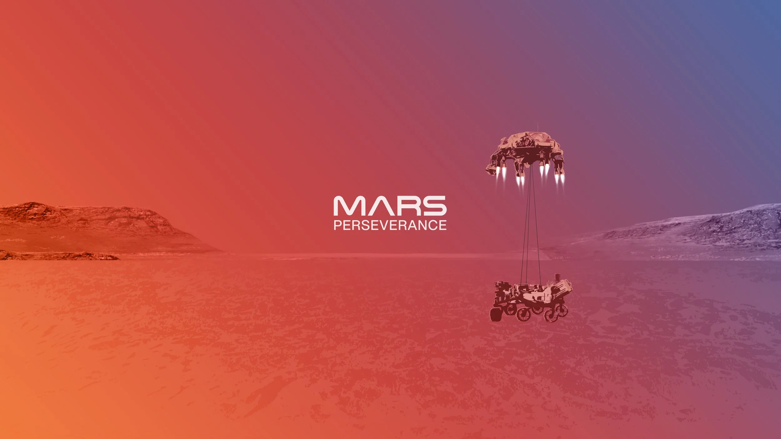 An illustration of a spacecraft descending toward a lake on Mars, with rocky terrain and hills in the background. The image features a gradient sky from orange to purple and includes the text 'Mars Perseverance'.