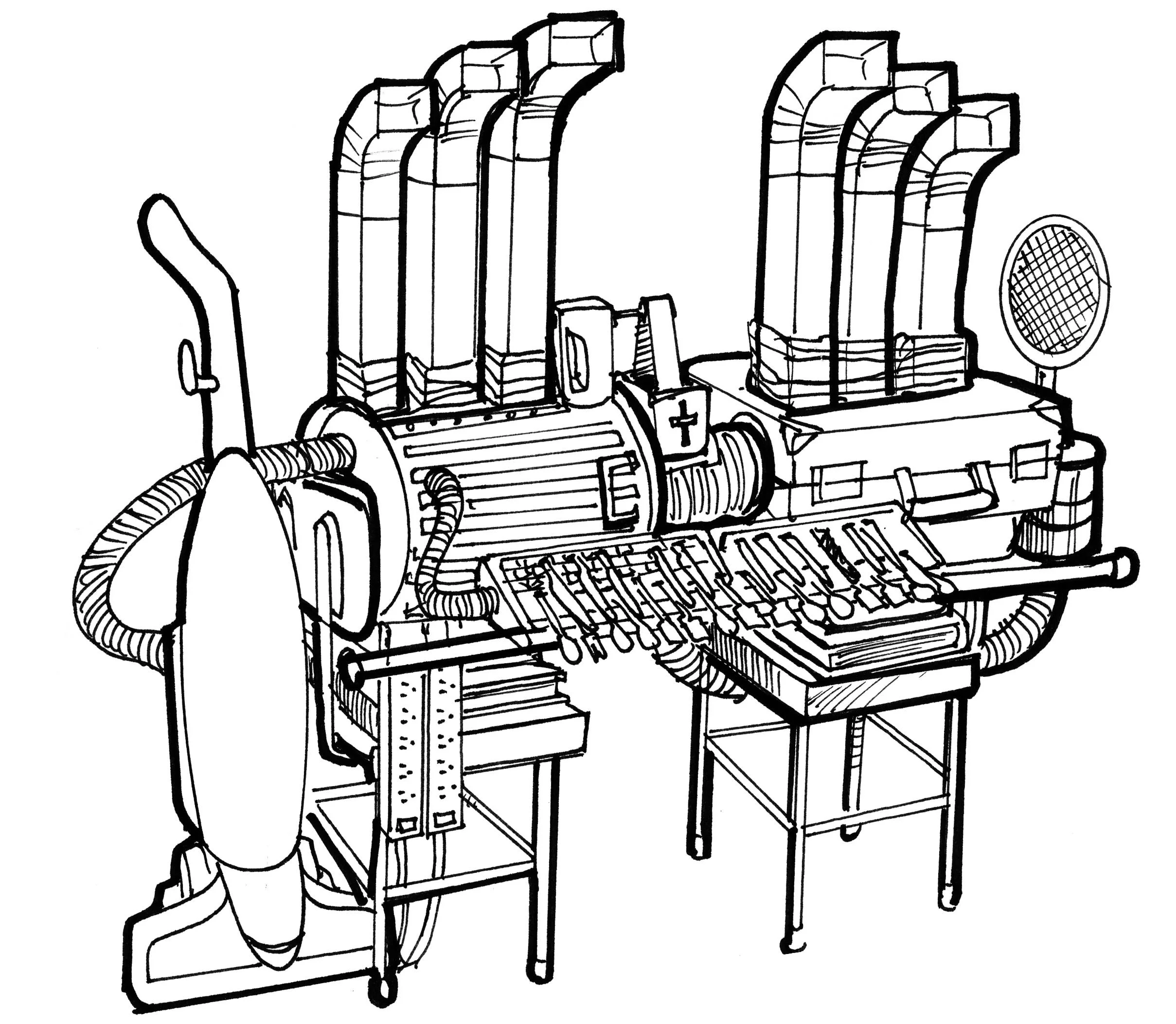 Line drawing of a church organ with multiple pipes and a bench.
