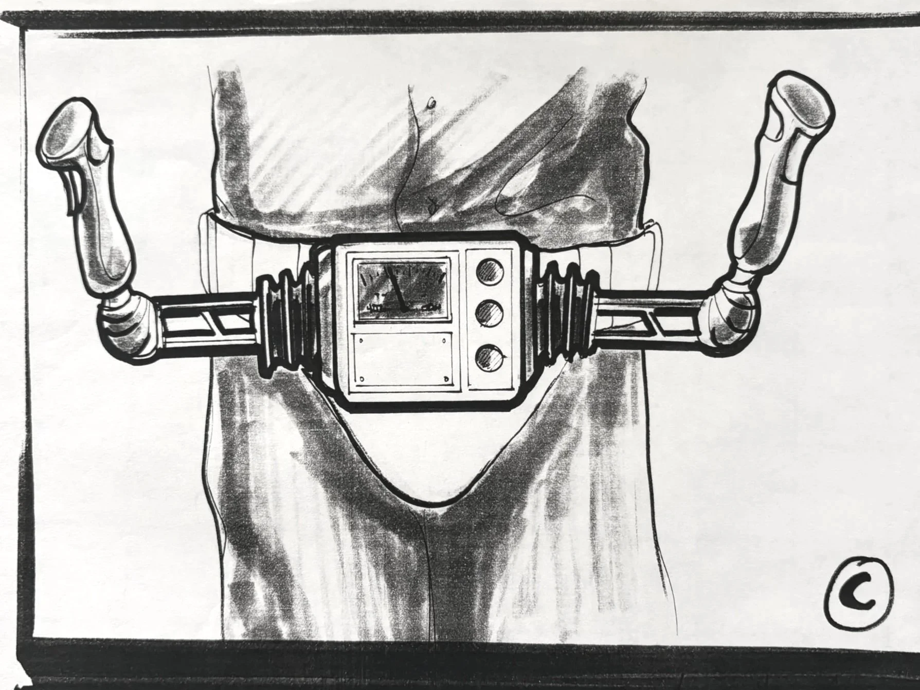 A black and white sketch of a person wearing a virtual reality headset, with the goggles covering their eyes and a strap around the head. The person is facing forward, and the drawing emphasizes the head and upper torso.
