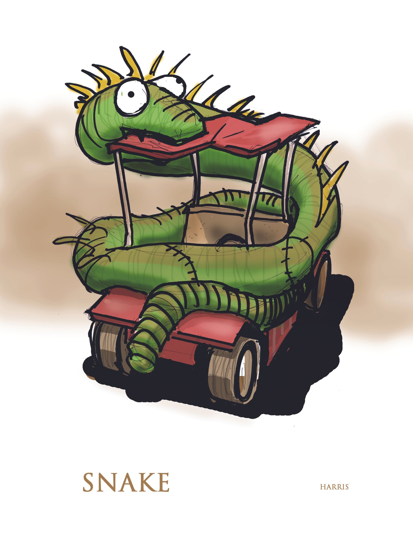 A cartoon illustration of a green snake with spiky yellow fins, sitting on a red platform with wheels, holding a smaller red platform with wheels, with the text "Snake" and "Harris" below.