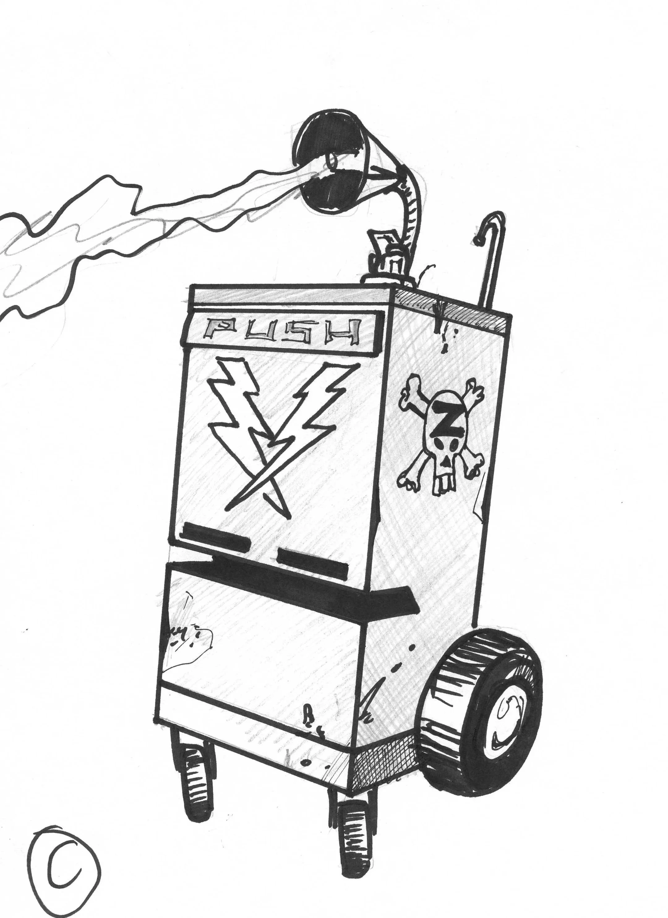 Black and white hand-drawn sketch of a street vending cart with wheels, a sign that says 'PUSH', and a sticker of a skull with crossbones. Smoke or steam coming from an overhead lamp.