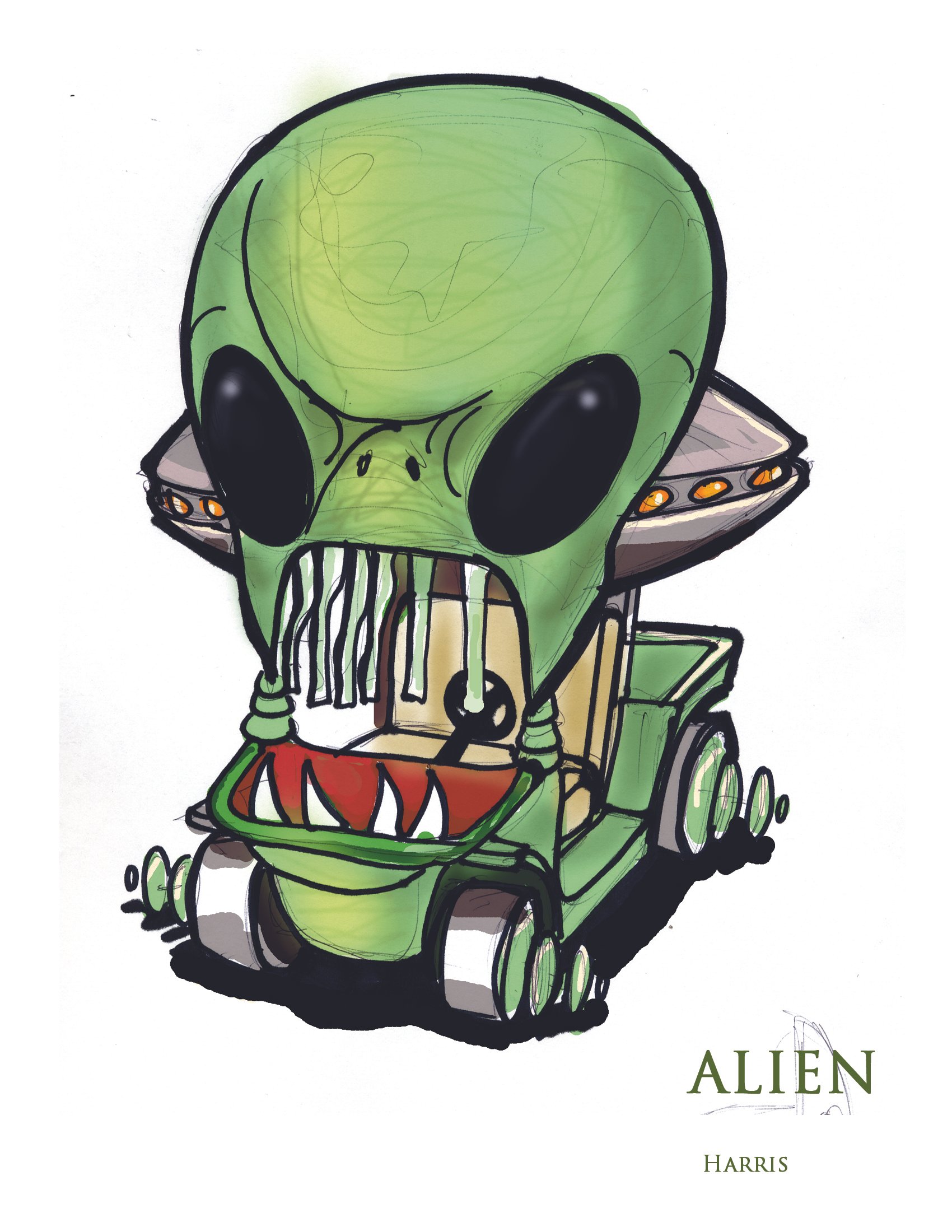 A drawing of a green alien with large black eyes and a skull-like head, sitting on a vehicle with wheels. The drawing style is cartoonish, with thick black outlines and some shading. The bottom right displays the words "ALIEN" and "HARRIS".