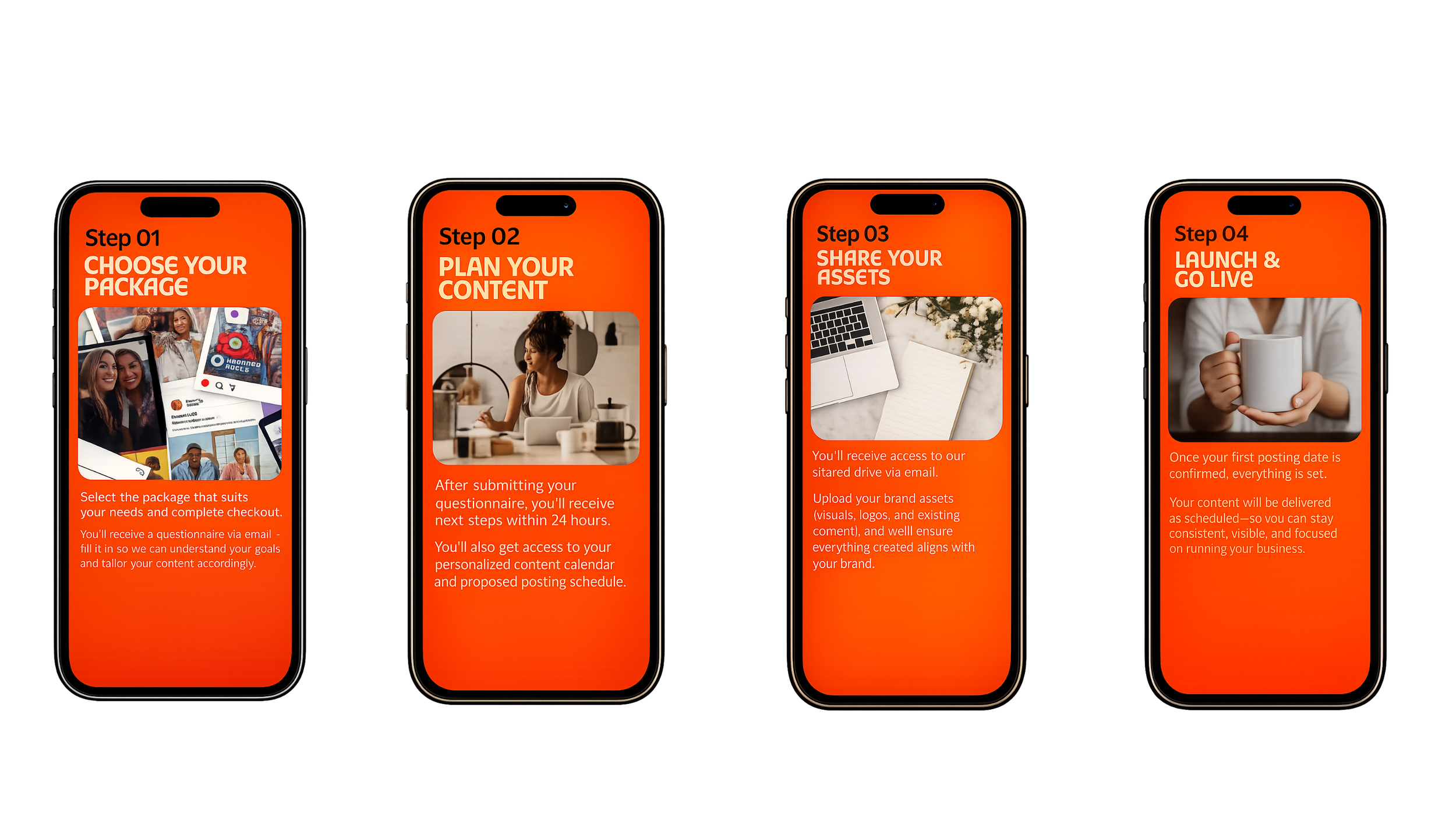 Four smartphone screens displaying step-by-step instructions for an online content creation process, with orange backgrounds and images of people working or using laptops.