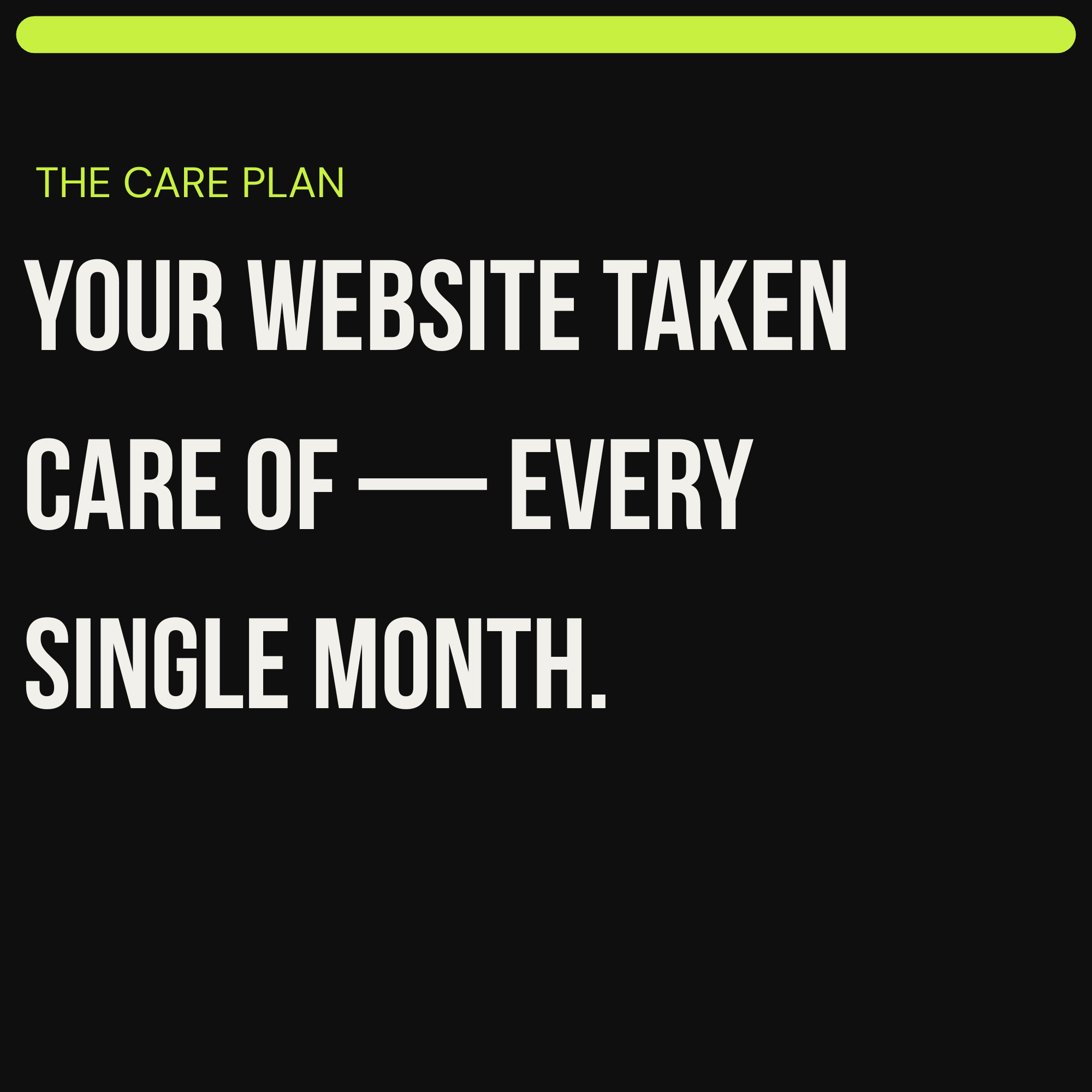 Black background with green lines and text. The text reads: 'The Care Plan. Your website taken care of -- every single month.'