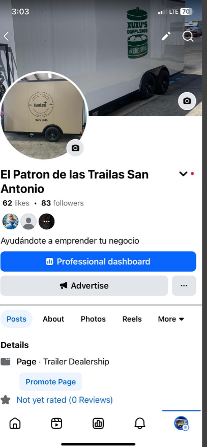 Facebook business page for 'El Patron de las Trailas San Antonio' showing images of trailers and a prompt to help start a business.