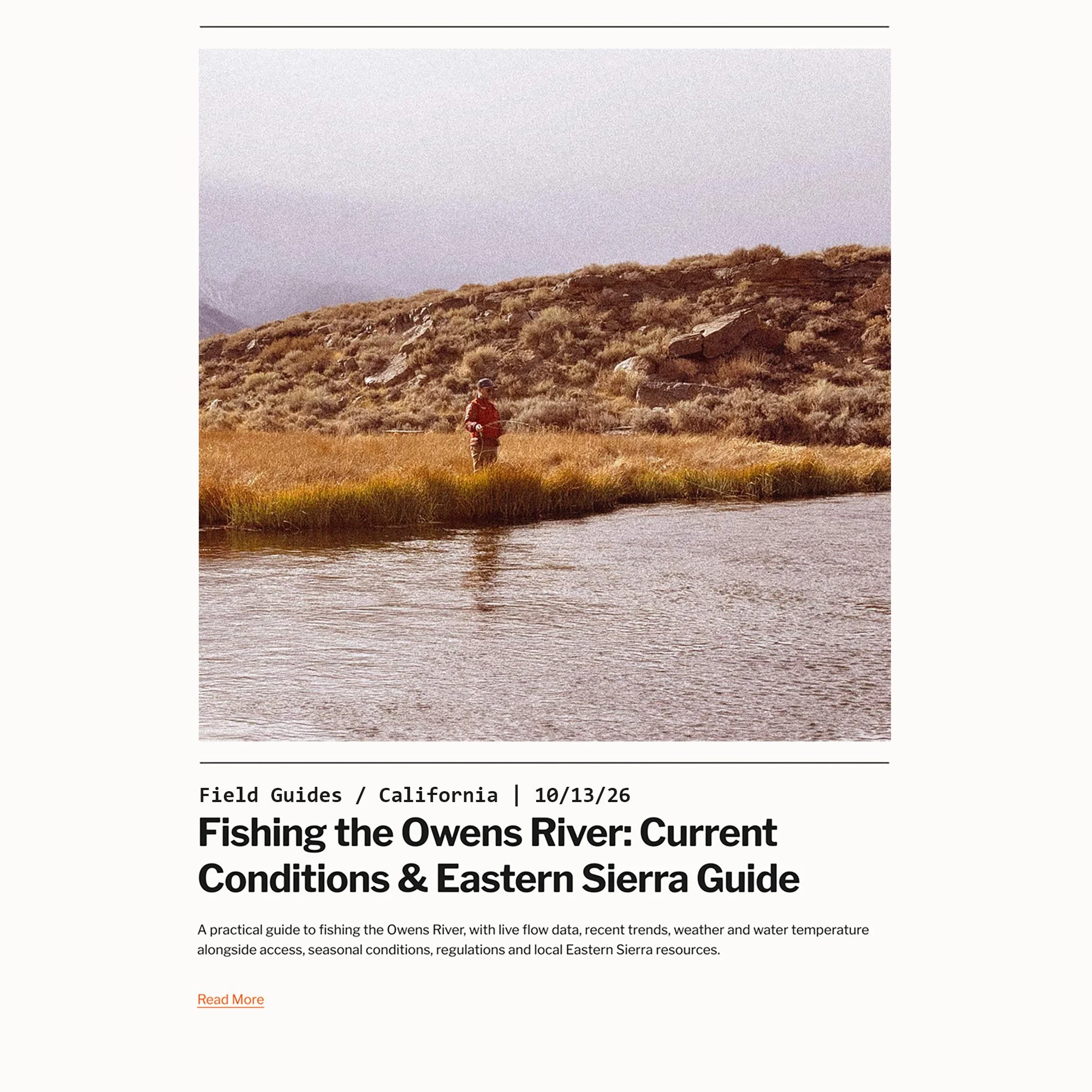 I've been working on a new Owens River fishing resource for anglers heading into the Eastern Sierra. It includes live river flows, recent trends and local conditions, with real-time water temperatures still in development.

It's a work in progress, b