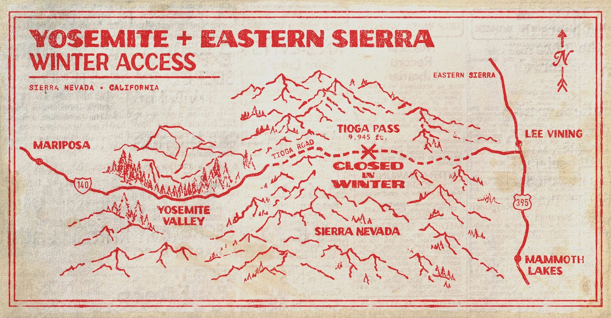 Illustrated map showing Yosemite Valley, Tioga Pass, Lee Vining and Mammoth Lakes, with Tioga Road closed across the Sierra Nevada in winter.