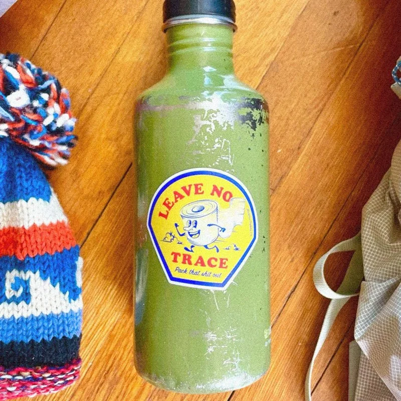 A Leave no Trace Sticker on a Hiking Water Bottle