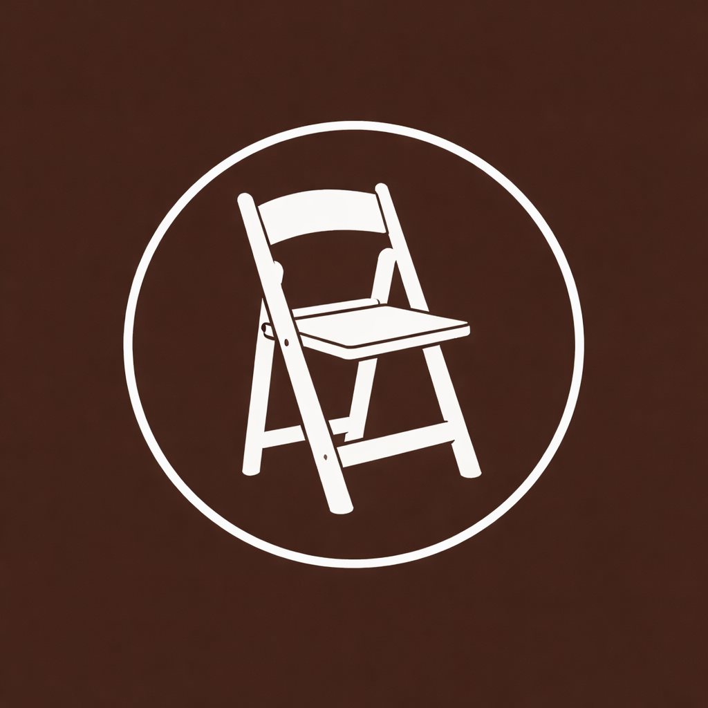 Icon of a folding chair inside a white circle on a dark background.