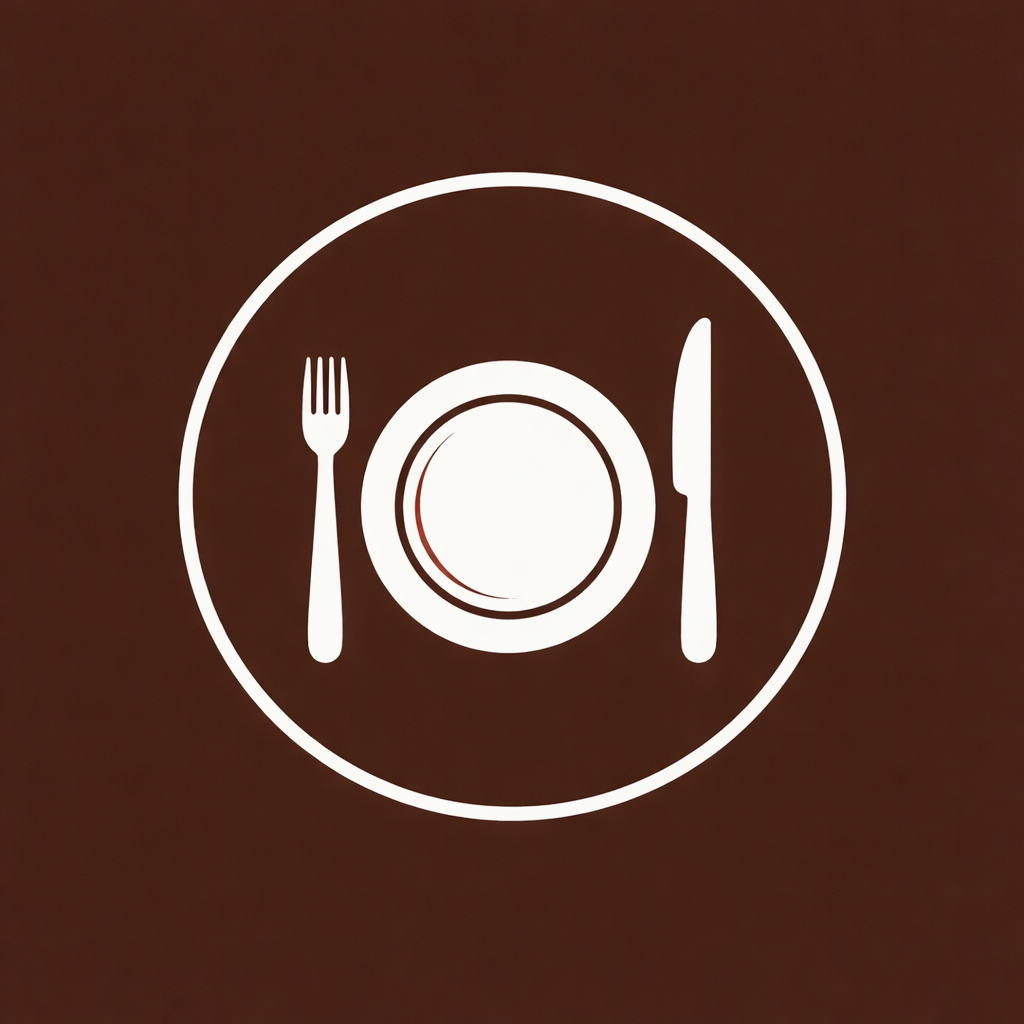 Icon of a dinner plate with a fork on the left and a knife on the right, all within a circular border.