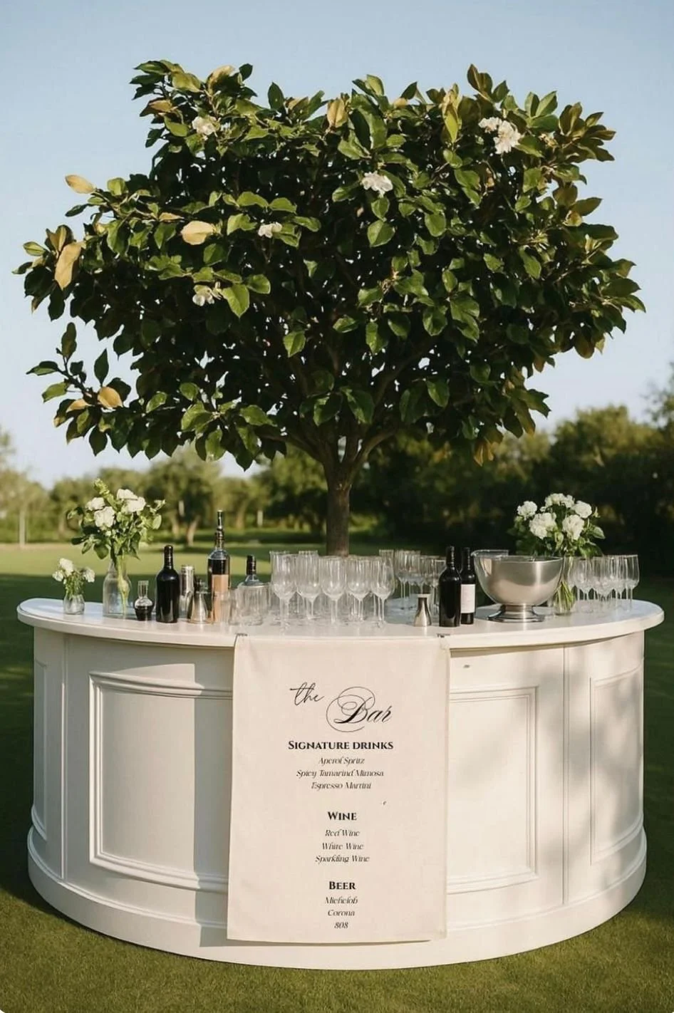 An outdoor bar setup under a lush green tree with a white curved bar counter, floral arrangements, bottles, and glasses, with a sign listing drinks on a sunny day.