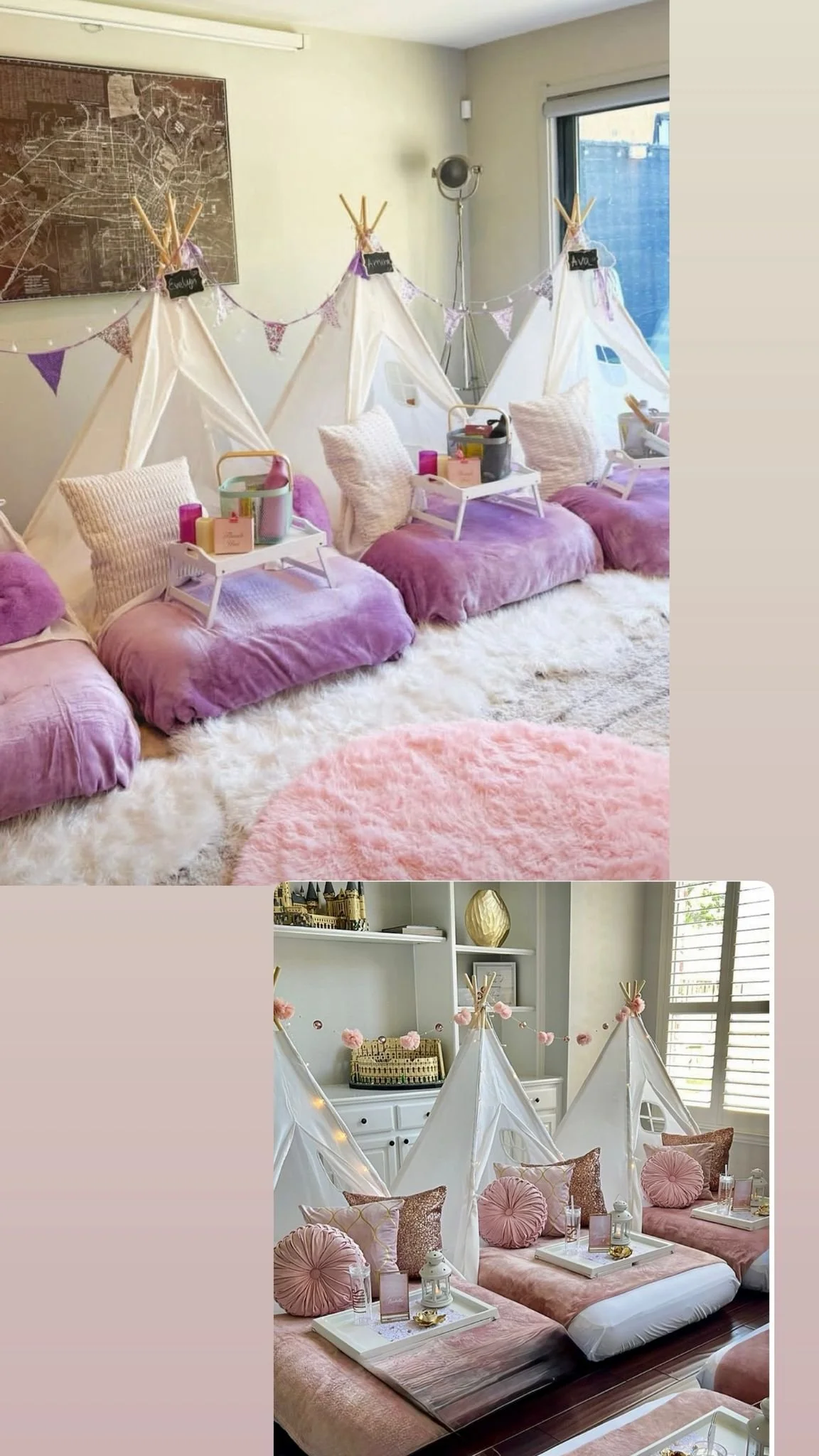 Interior of a cozy camping or glamping setup with small white tents, pink velvet cushions, pillows, and decorative banners inside a room.