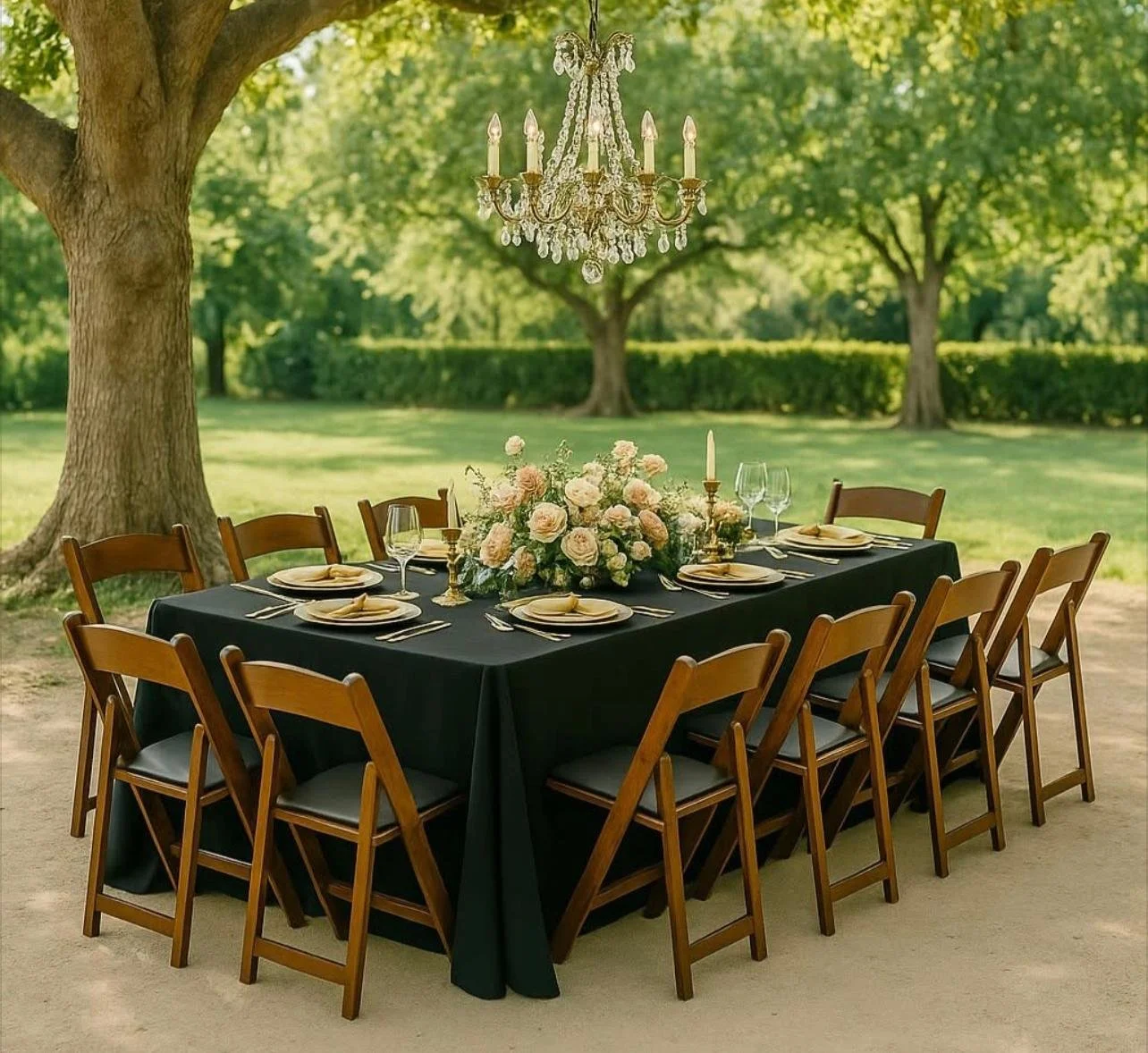 An outdoor dining table set for a formal meal, surrounded by ten wooden chairs, with a black tablecloth, elegant tableware, a large floral centerpiece, and a crystal chandelier hanging above, all situated in a lush green park under a large tree.