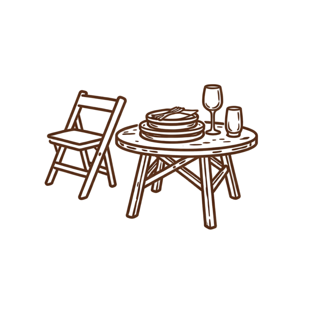 A stylized line drawing of a table set for dining with two wine glasses, a smaller glass, and a stack of plates on a round table, adjacent to a foldable chair.
