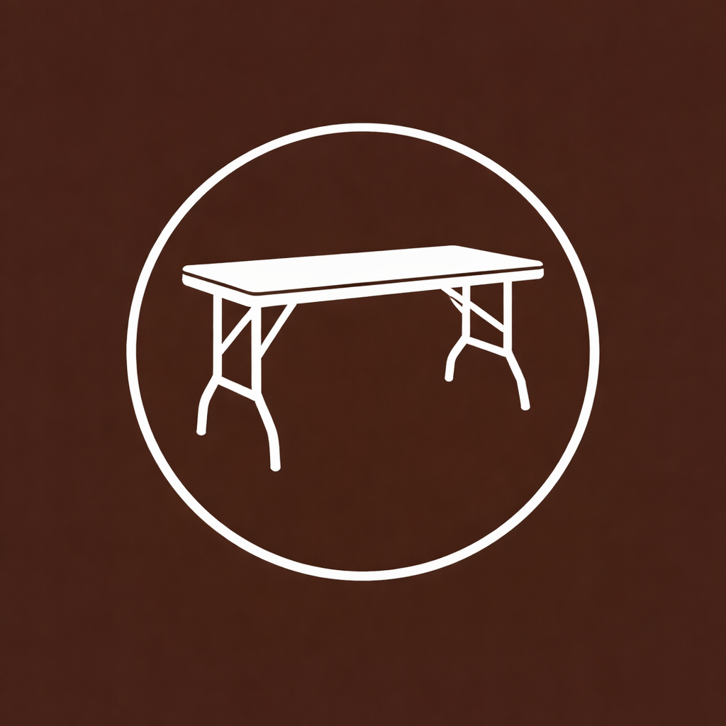 White line drawing of a folding table inside a circle against a brown background.