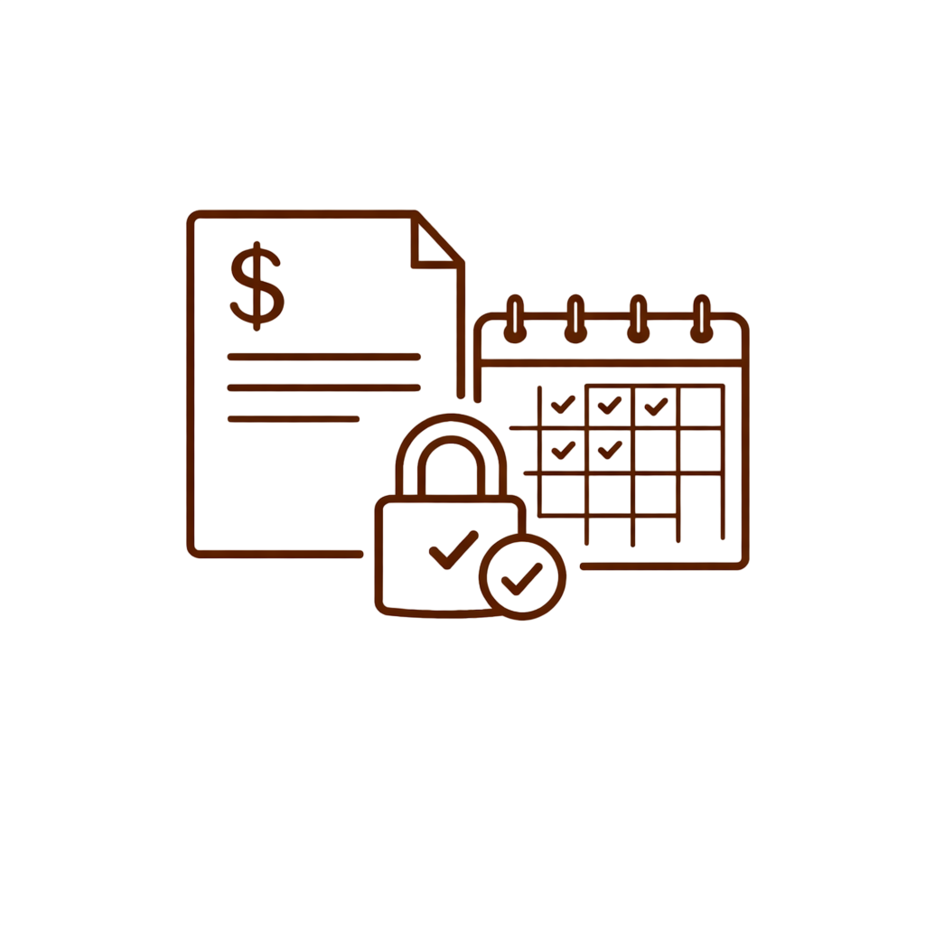 Icons representing financial planning, including a document with a dollar sign, a calendar with checkmarks, and a lock with a checkmark on it, set against a red background.