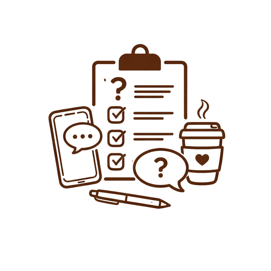 Outline illustration of a smartphone with a speech bubble, a checklist clipboard, a pen, a coffee cup, and a speech bubble with a question mark, all on a red background.