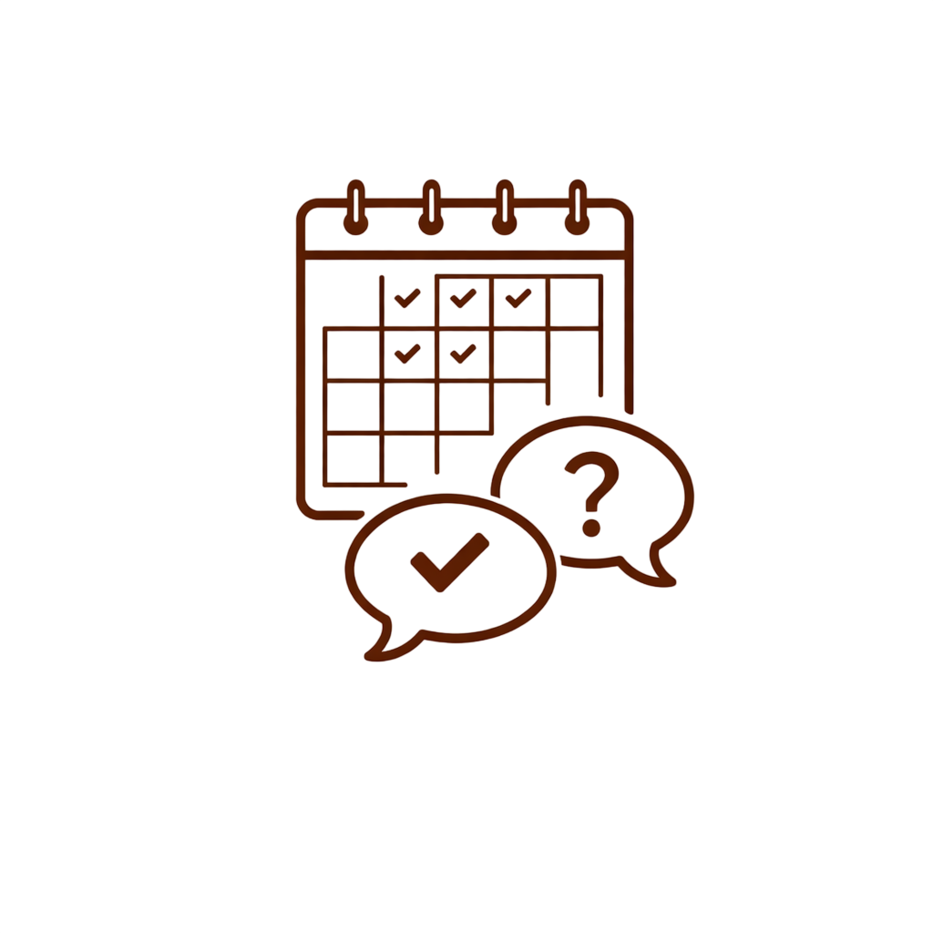 A calendar with some dates marked, and two speech bubbles, one with a checkmark and the other with a question mark, indicating scheduling or planning questions.