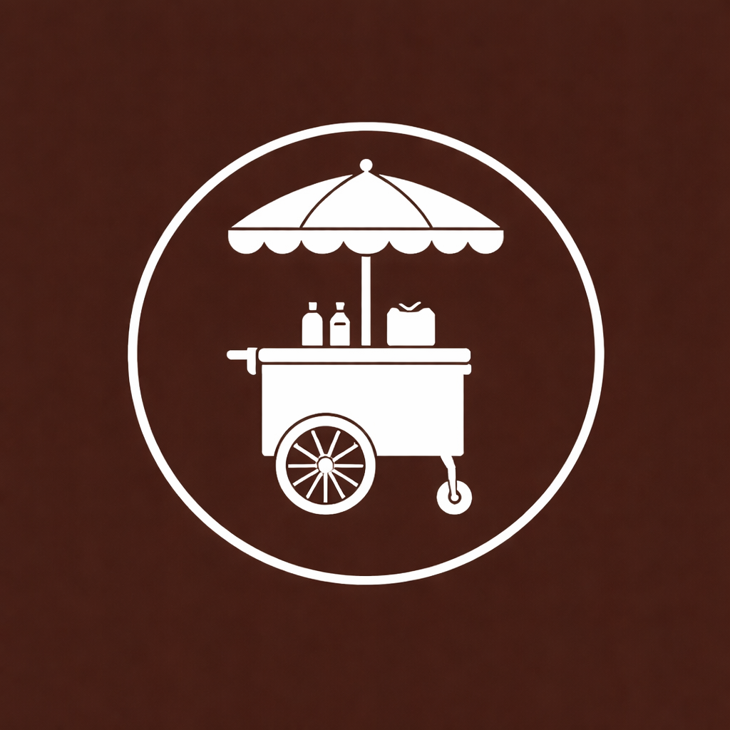 A black and white graphic of a mobile food cart with an umbrella, bottles, and a container, enclosed in a circle.