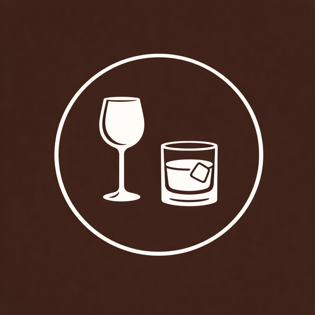 Outline of a wine glass and a tumbler with a drink and ice inside, enclosed in a circle.
