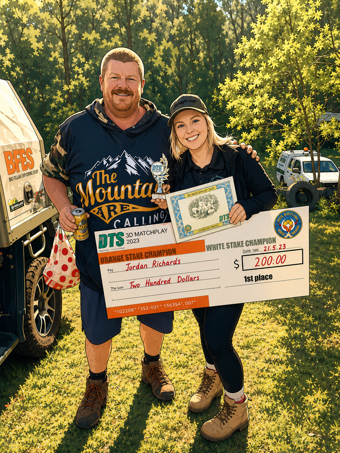 Two people, a man and a woman, standing outdoors on grass, holding a large check and a trophy, celebrating a win in a 3D matchplay contest. The man is wearing a hoodie with mountain graphics, and the woman is wearing a cap and outdoor gear. There are trees and a vehicle in the background.
