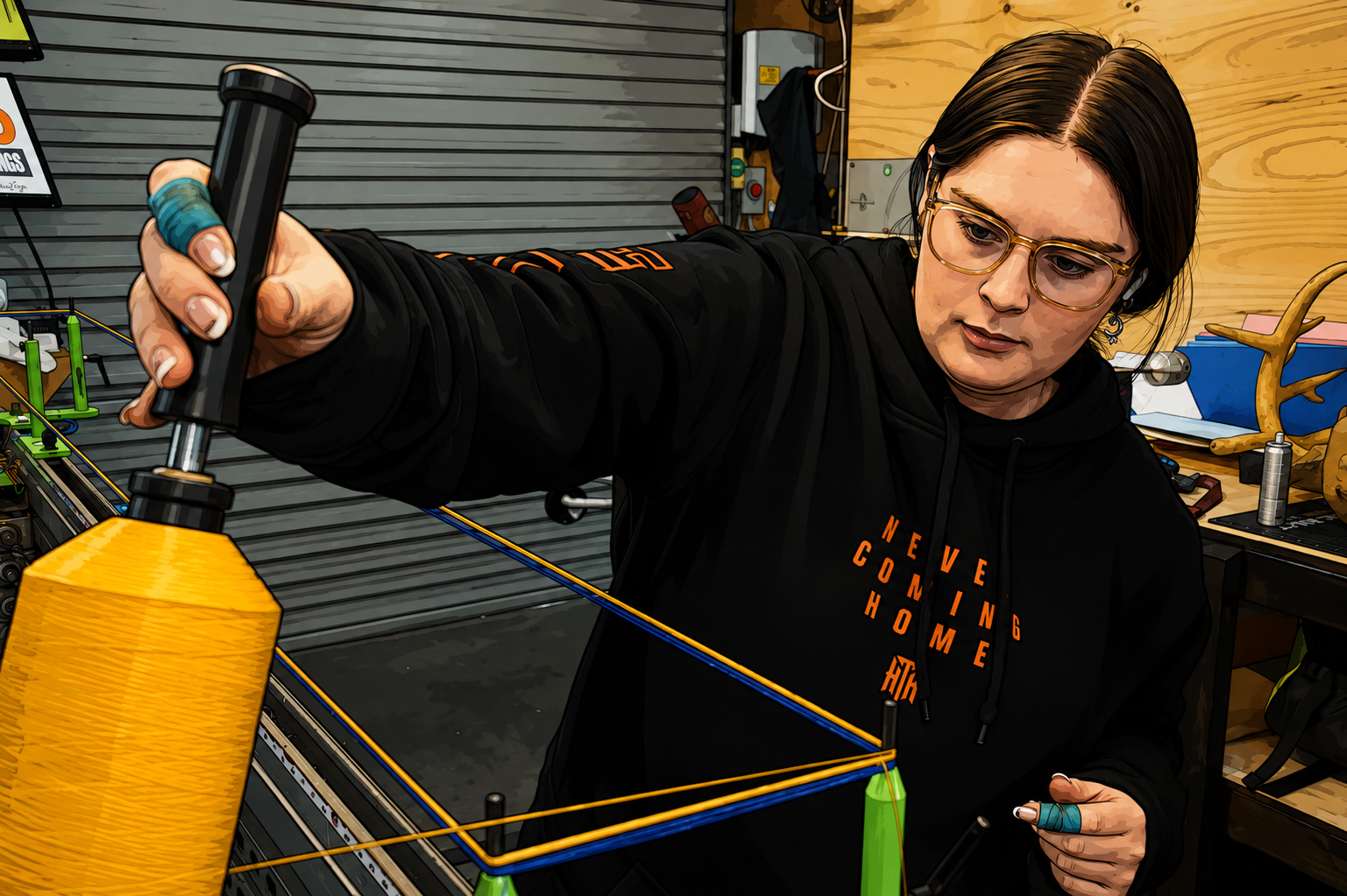 A woman with glasses and dark hair, wearing a black hoodie with orange text, is threading a line through a large yellow spool of thread, working on a string art project in a workshop.