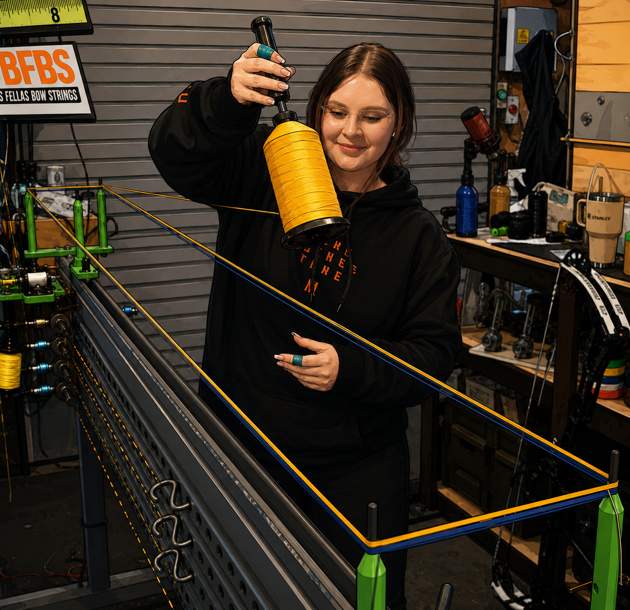 A woman in a black hoodie weaving colorful bow strings in a workshop with weaving equipment, spools, and tools around her.